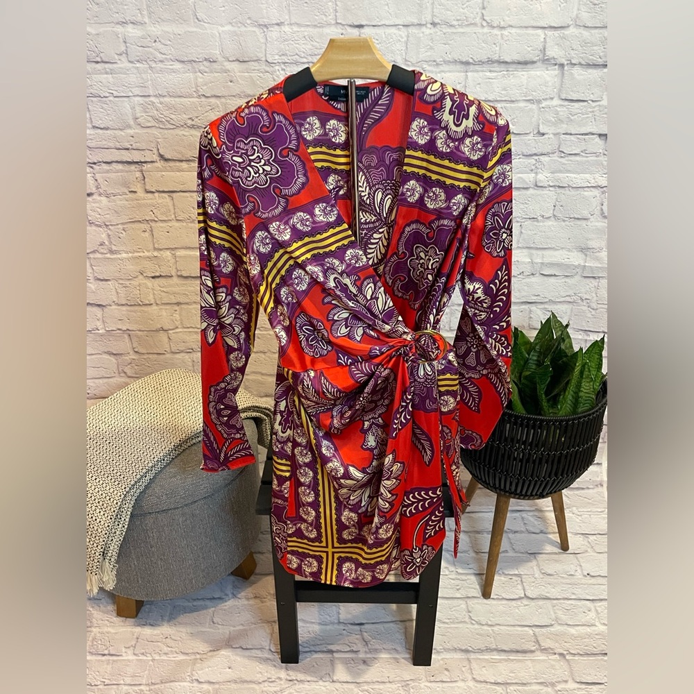 Mango Red and Purple Sheath Dress V-Neck Long Sleeve